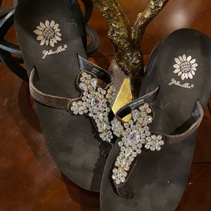 Yellow box jeweled brown flip flops